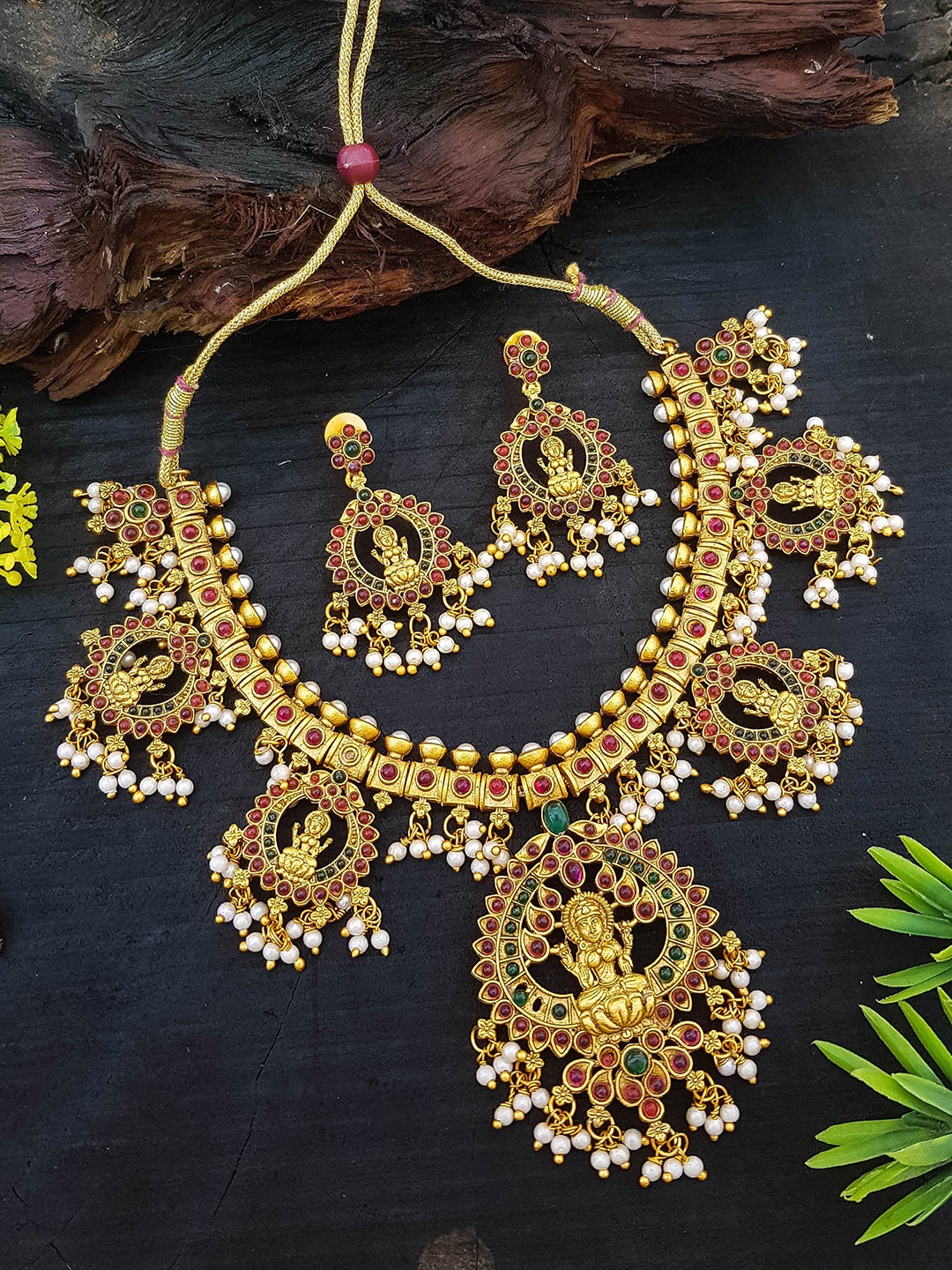 

GRIIHAM Gold-Plated Stone Studded & Beaded Temple Jewellery Set