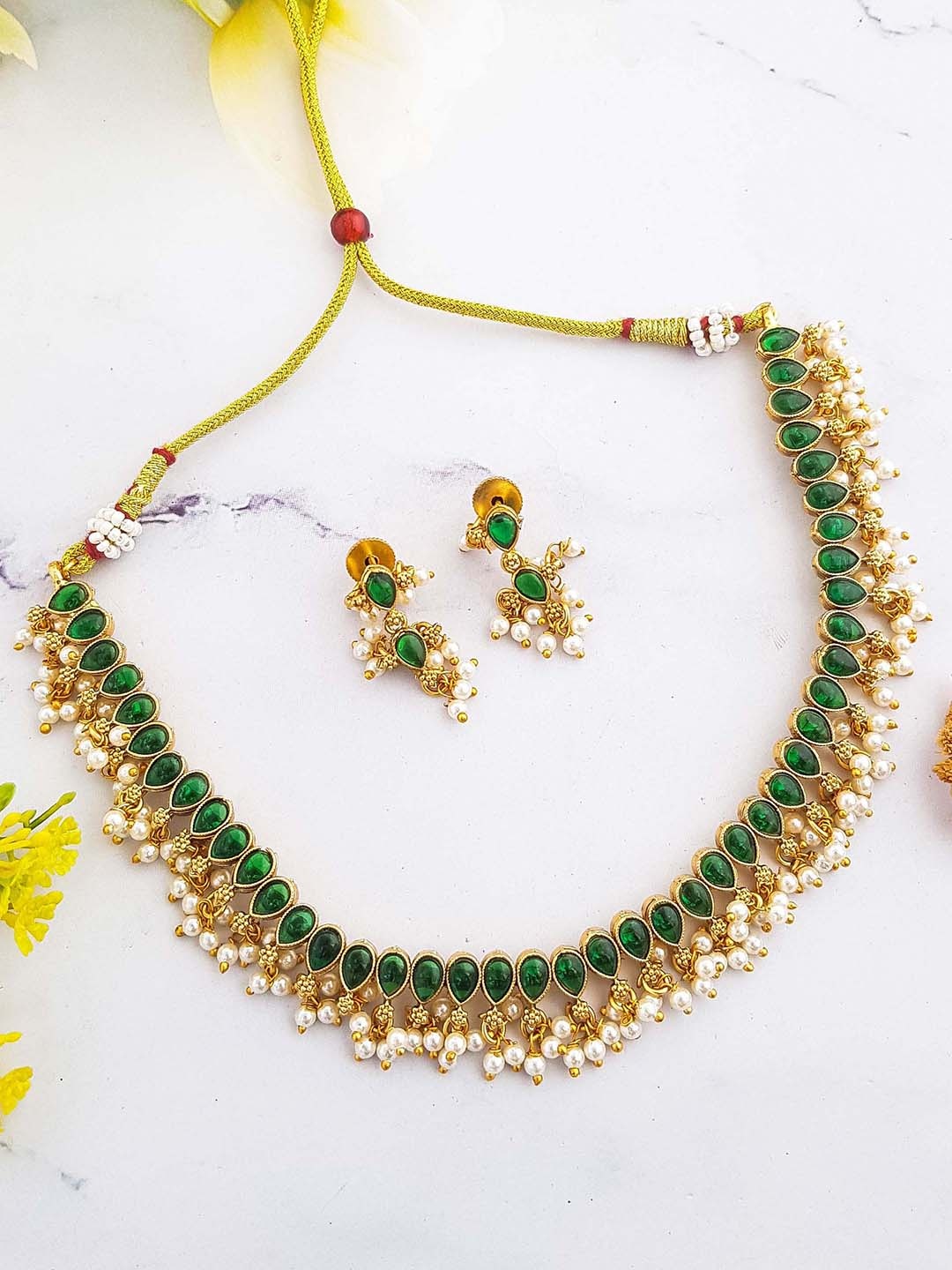 

GRIIHAM Gold-Plated Stone Studded & Beaded Jewellery Set