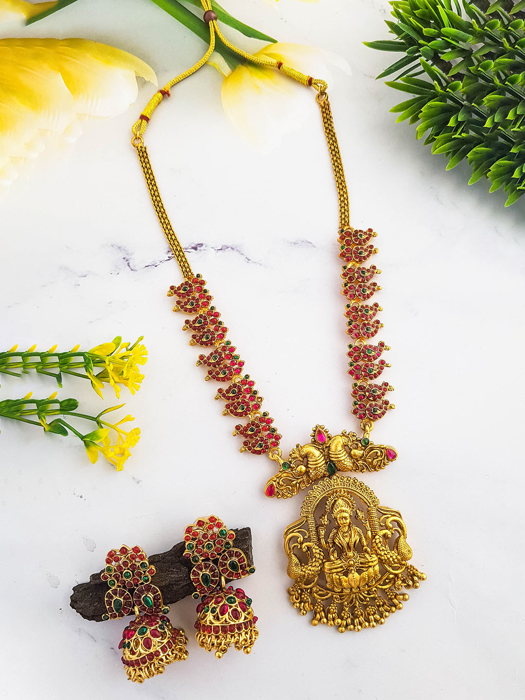 

GRIIHAM Gold-Plated CZ Studded & Beaded Temple Jewellery Set