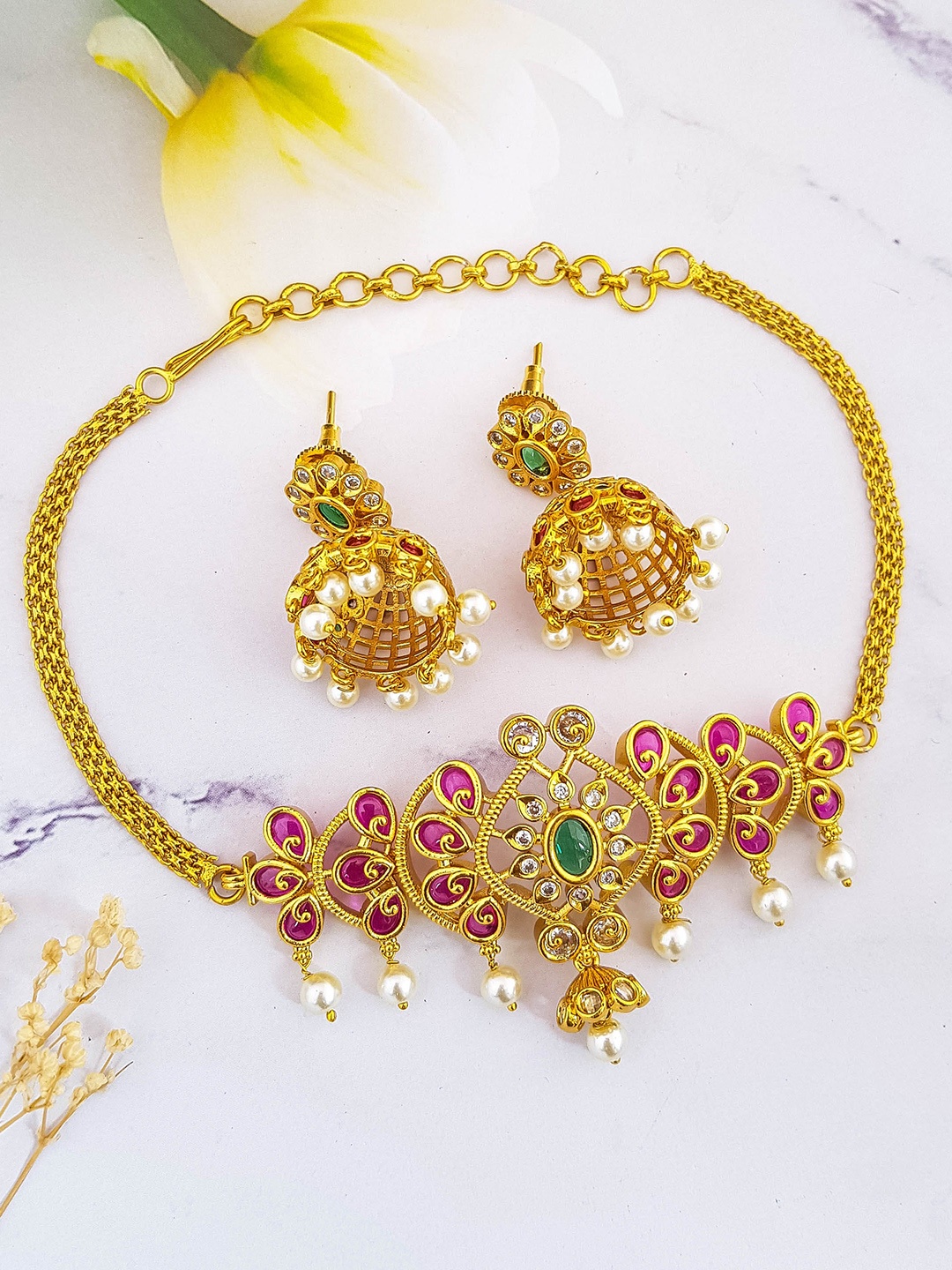 

GRIIHAM Gold-Plated CZ Studded & Beaded Jewellery Set