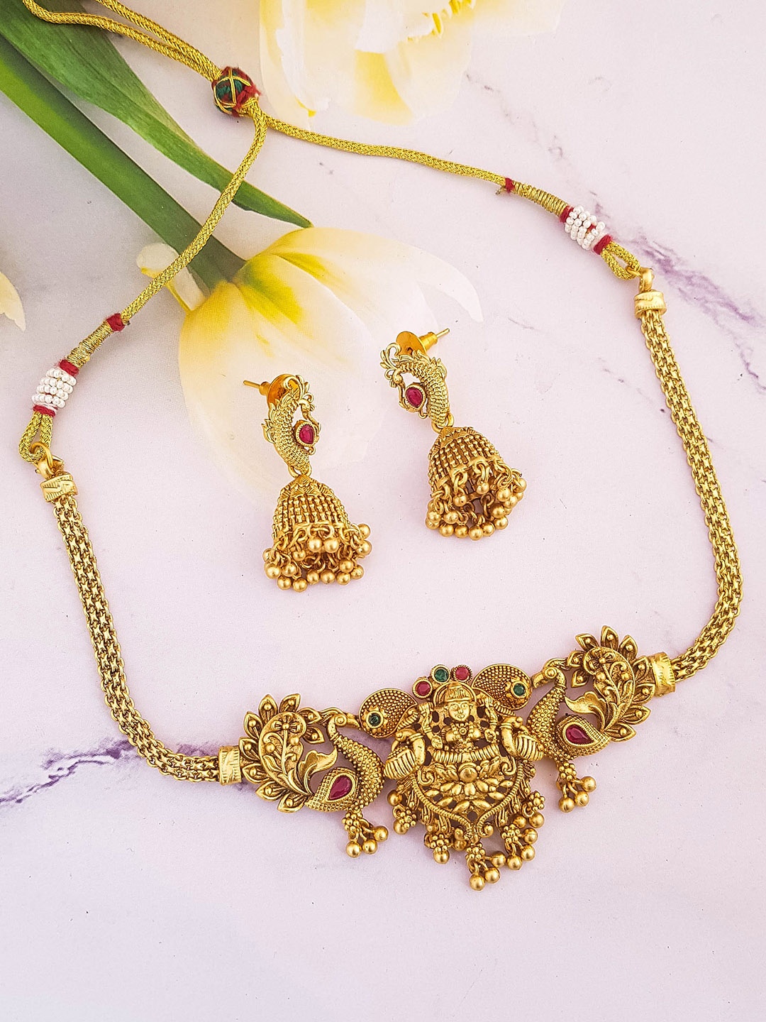 

GRIIHAM Gold-Plated CZ Studded & Beaded Temple Jewellery Set