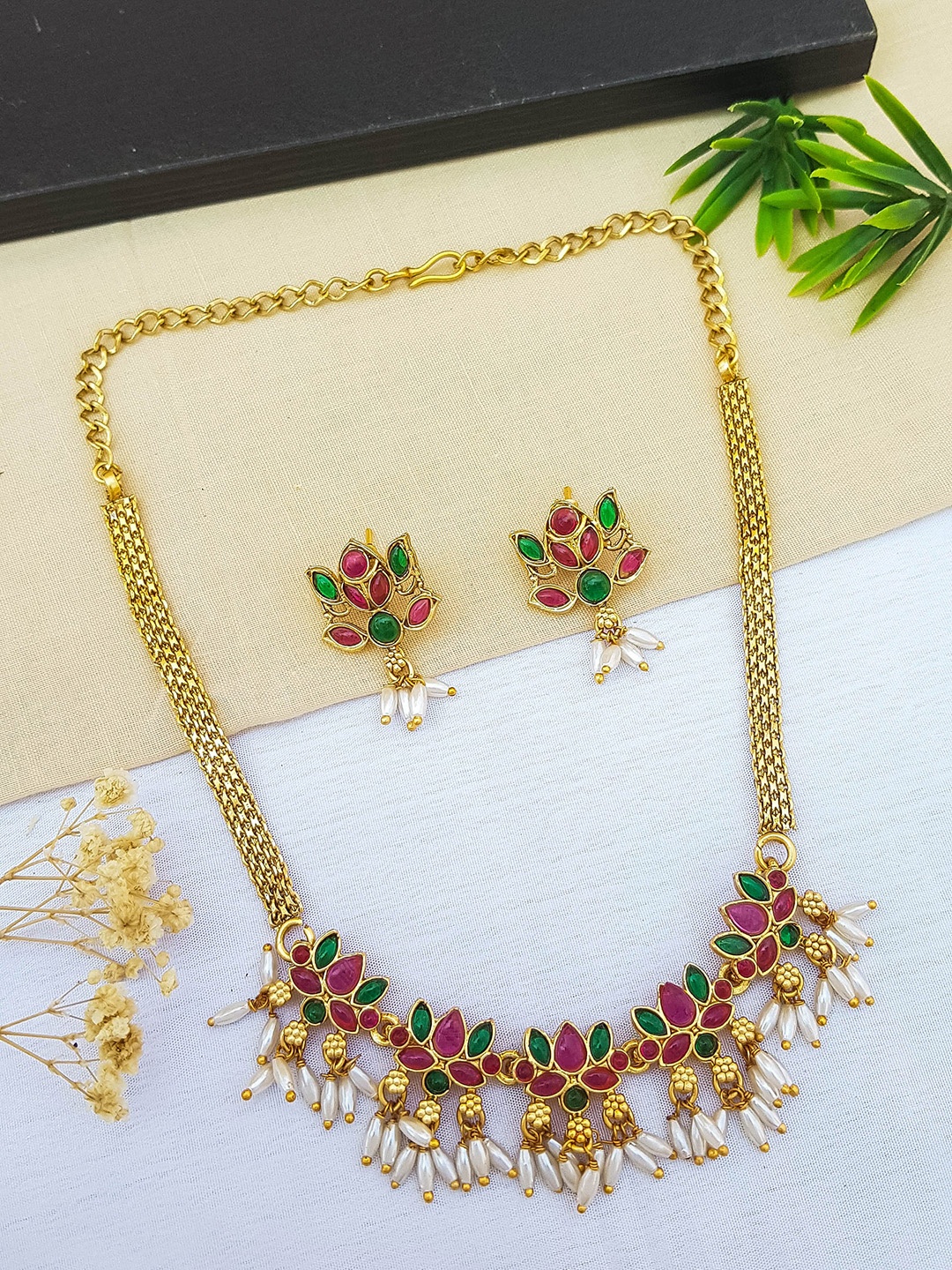 

GRIIHAM Gold-Plated AD-Studded & Beaded Jewellery Set