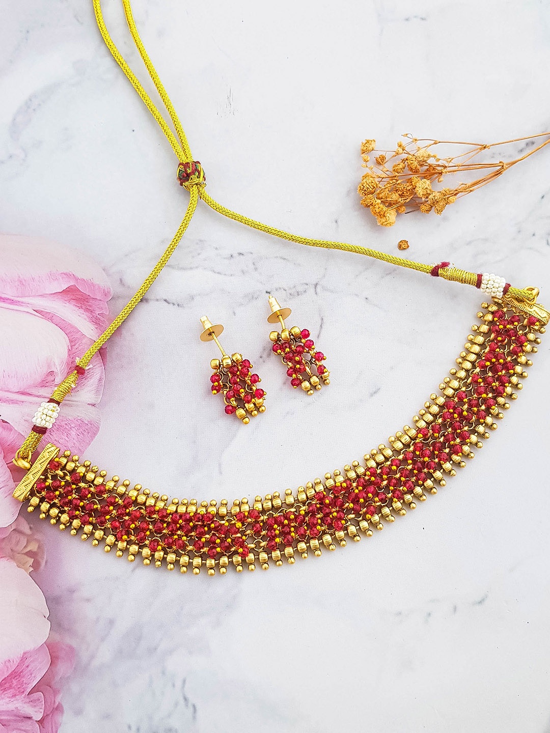 

GRIIHAM Gold-Plated CZ Stone -Studded & Beaded Jewellery Set, Red
