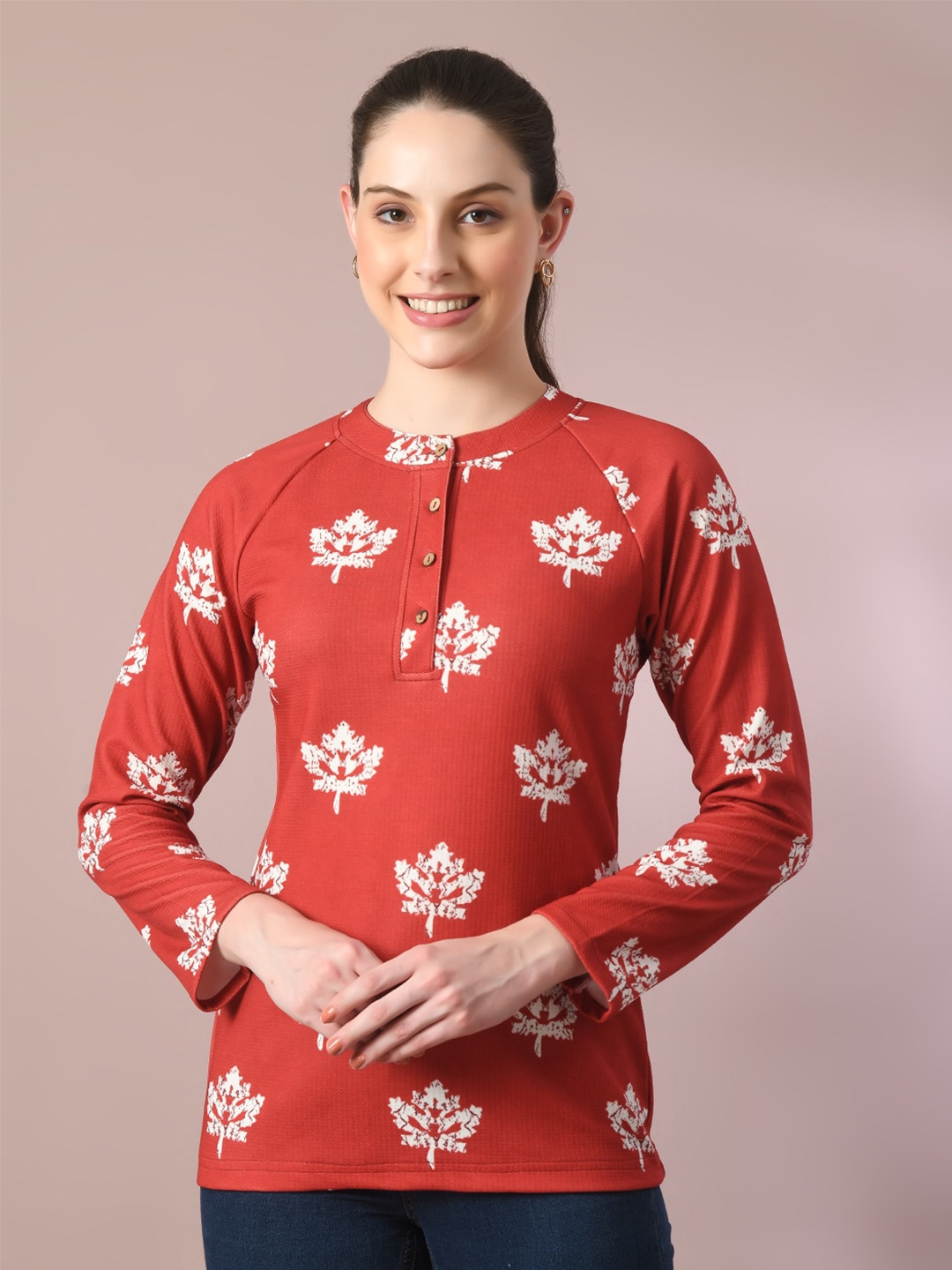 

HERE&NOW Valentino Rust Red & White Floral Printed Raglan Sleeves Crepe Top