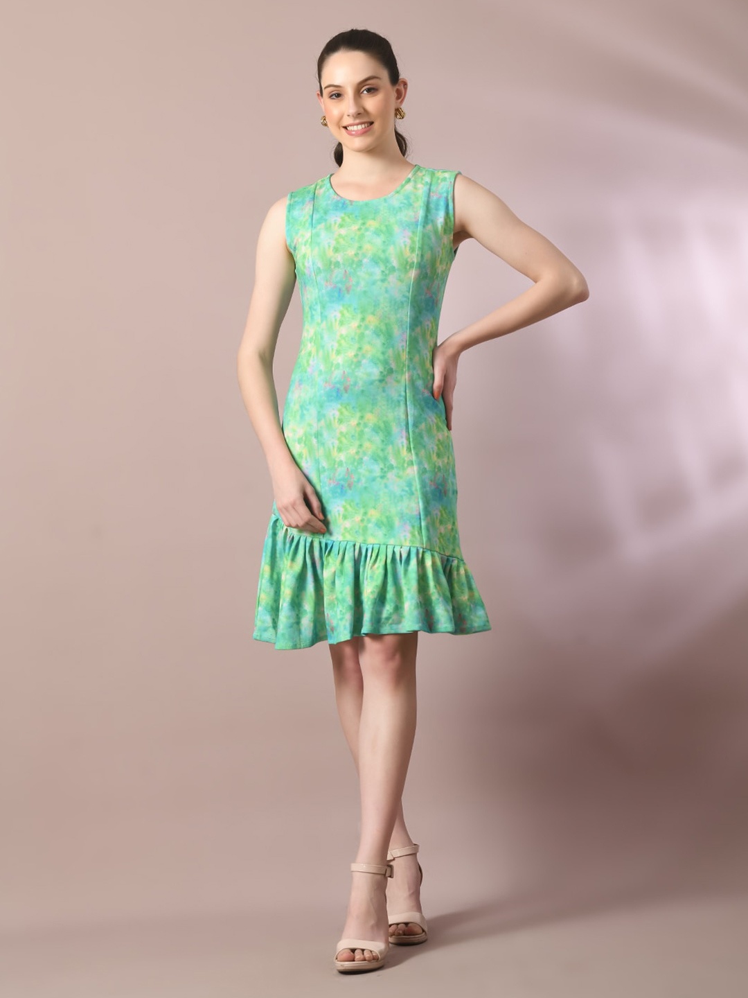 

HERE&NOW Valentino Green Abstract Printed Sleeveless Gathered Crepe Fit & Flare Dress