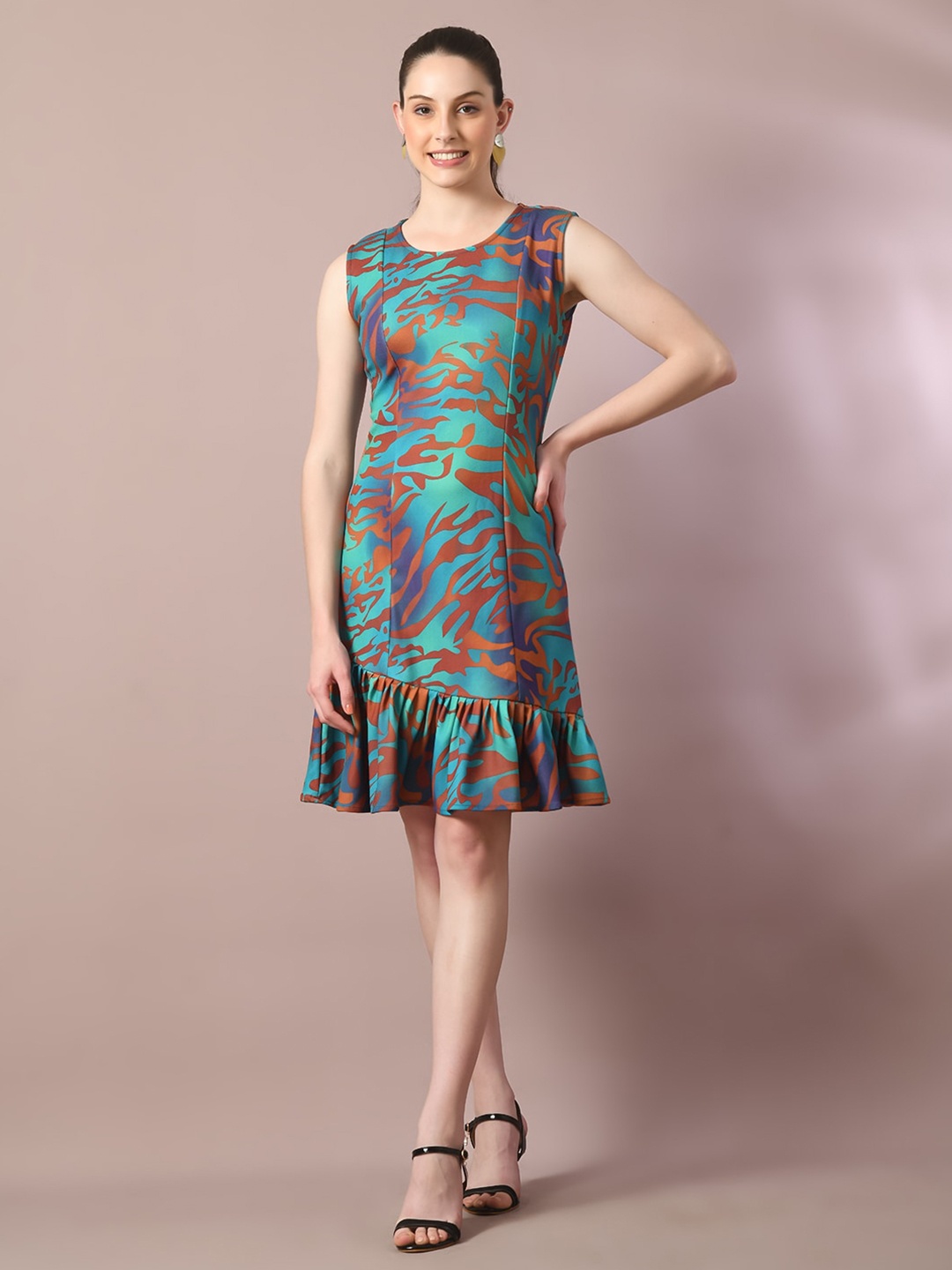 

HERE&NOW Valentino Green Abstract Printed Sleeveless Gathered Crepe Fit & Flare Dress