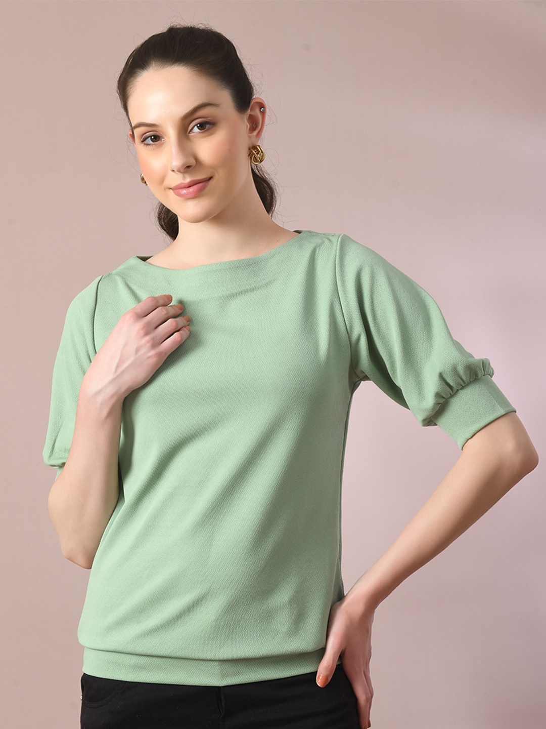 

HERE&NOW Valentino Sea Green Boat Neck Puff Sleeves Crepe Top