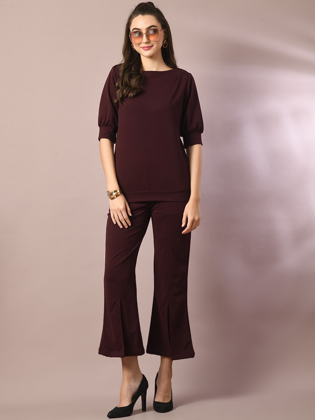 

HERE&NOW Women Comfort Flared Wrinkle Free Trousers, Coffee brown