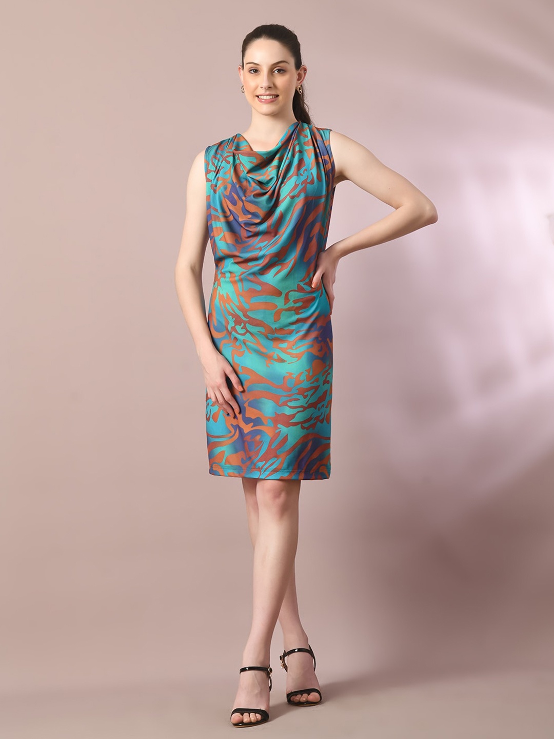 

HERE&NOW Valentino Green Abstract Printed Cowl Neck Sleeveless Crepe Bodycon Dress