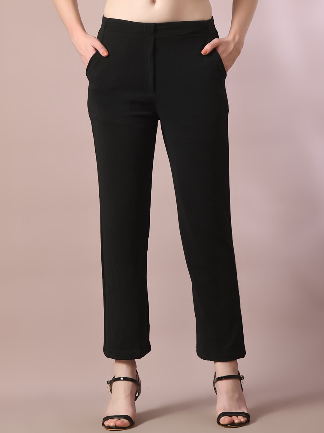 

HERE&NOW Women Comfort Straight Fit Wrinkle Free Trousers, Black