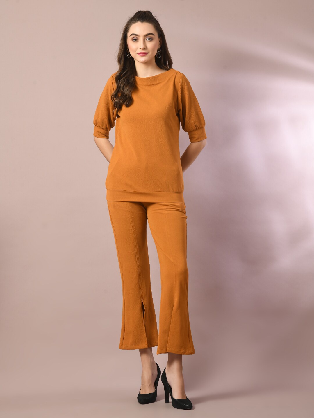 

HERE&NOW Valentino Mustard Yellow Boat Neck Puff Sleeves Crepe Top