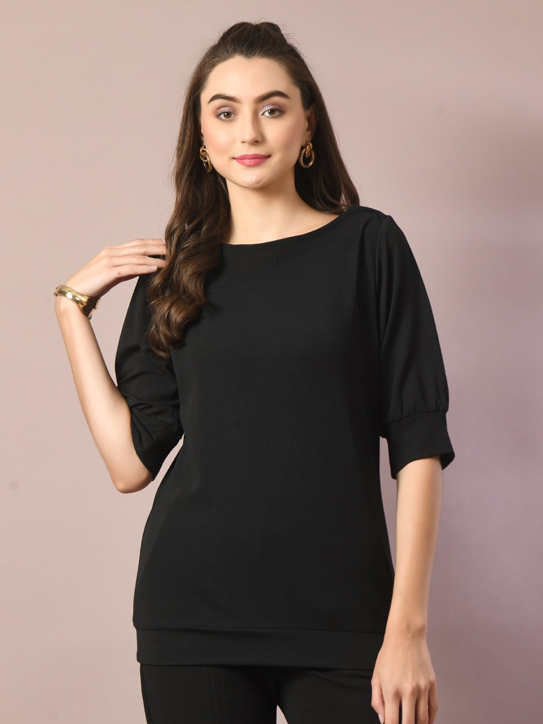 

HERE&NOW Valentino Black Boat Neck Puff Sleeves Crepe Top