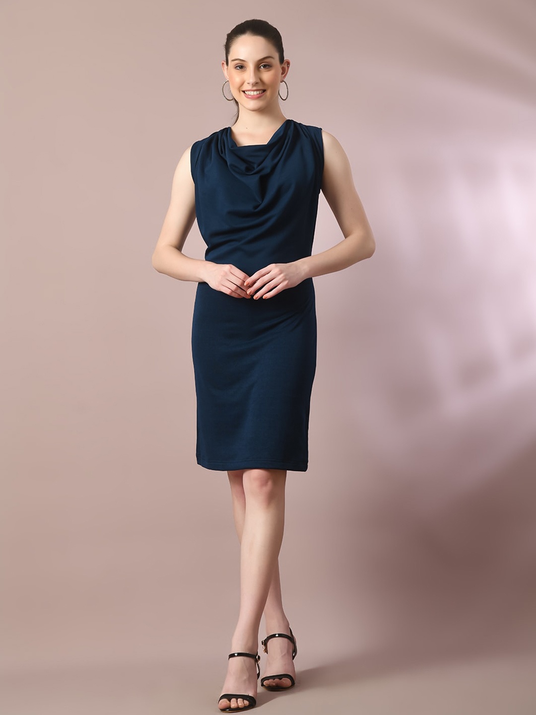 

HERE&NOW Valentino Navy Blue Cowl Neck Sleeveless Crepe Bodycon Dress