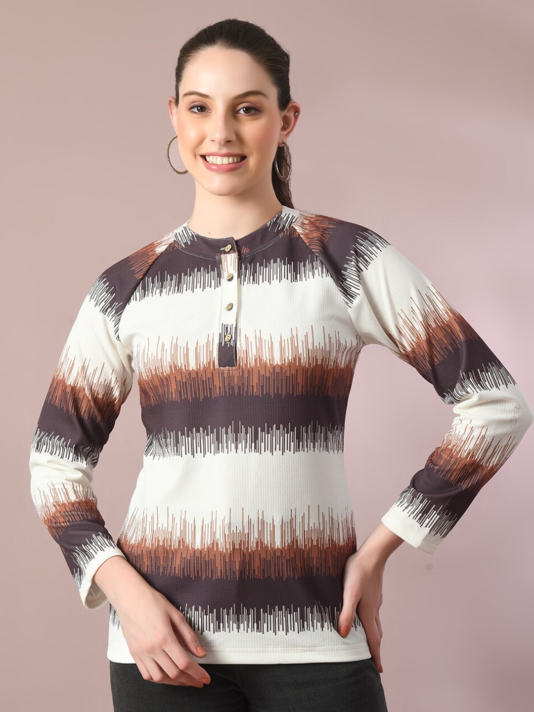 

HERE&NOW Valentino Cream-Coloured & Brown Abstract Printed Raglan Sleeves Crepe Top