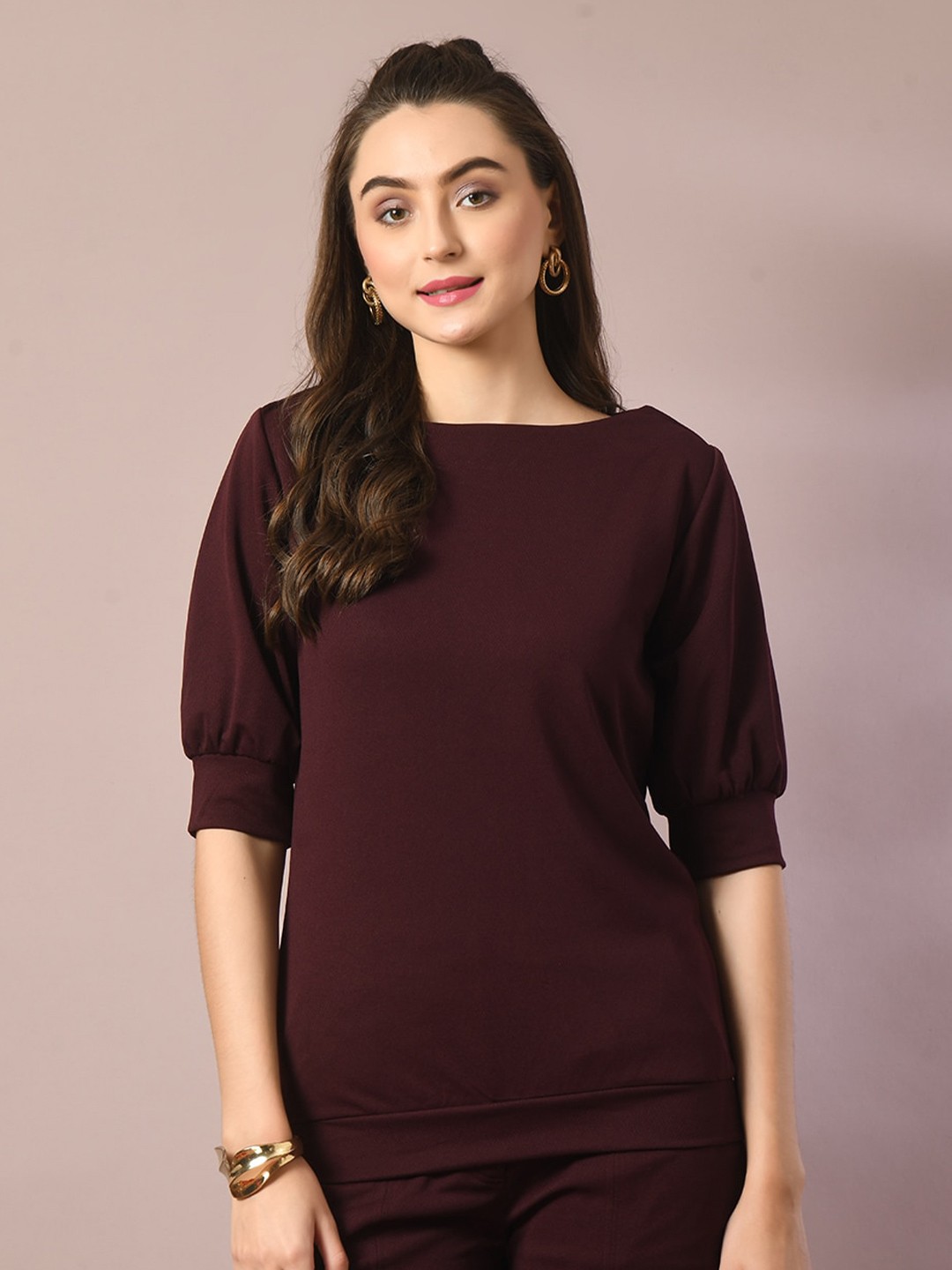 

HERE&NOW Valentino Coffee Brown Boat Neck Puff Sleeves Crepe Top
