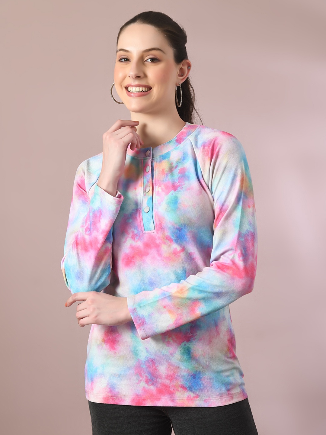 

HERE&NOW Valentino Pink & Blue Abstract Printed Raglan Sleeves Crepe Top