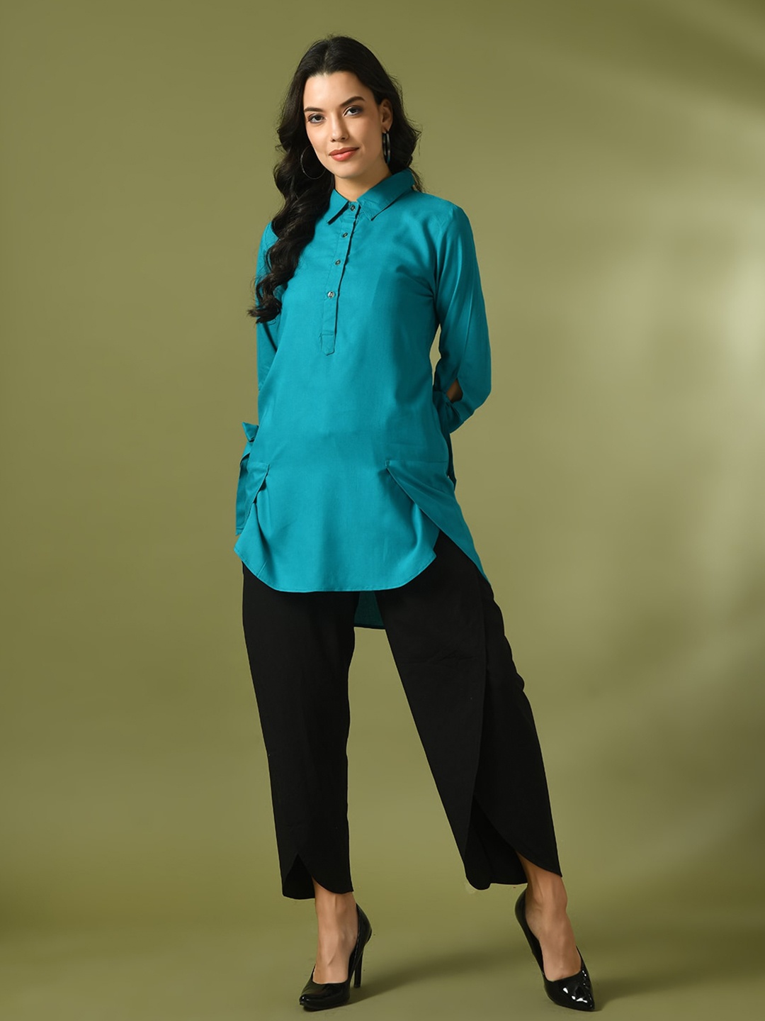 

HERE&NOW Mandarin Collar Cotton High-Low Longline Top, Turquoise blue