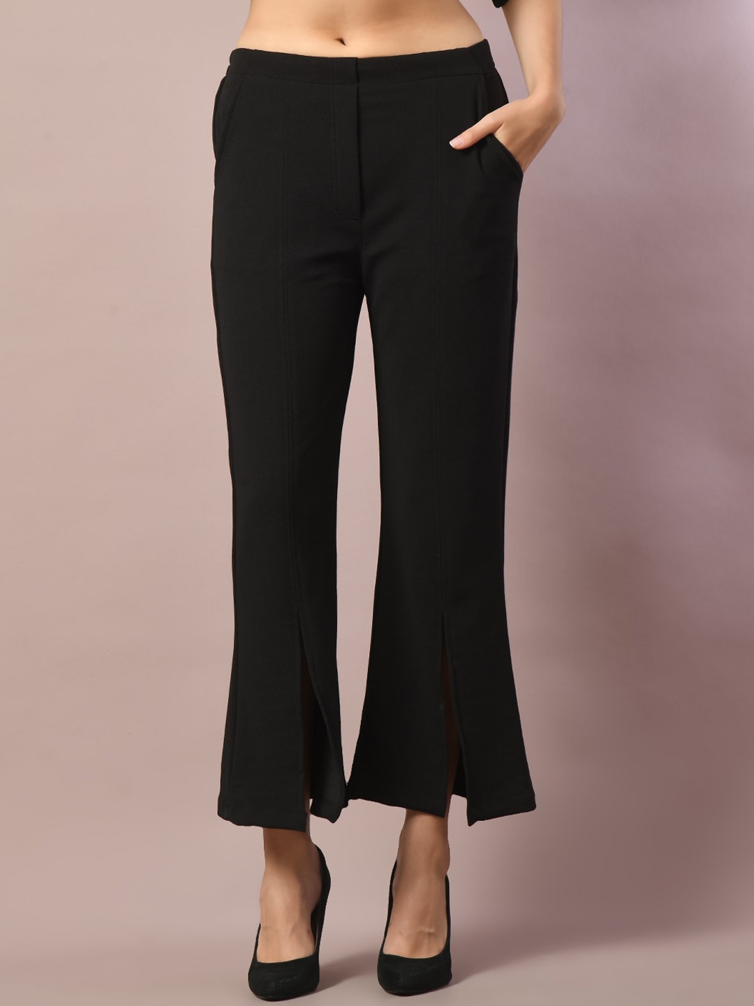 

HERE&NOW Women Comfort Flared Wrinkle Free Trousers, Black