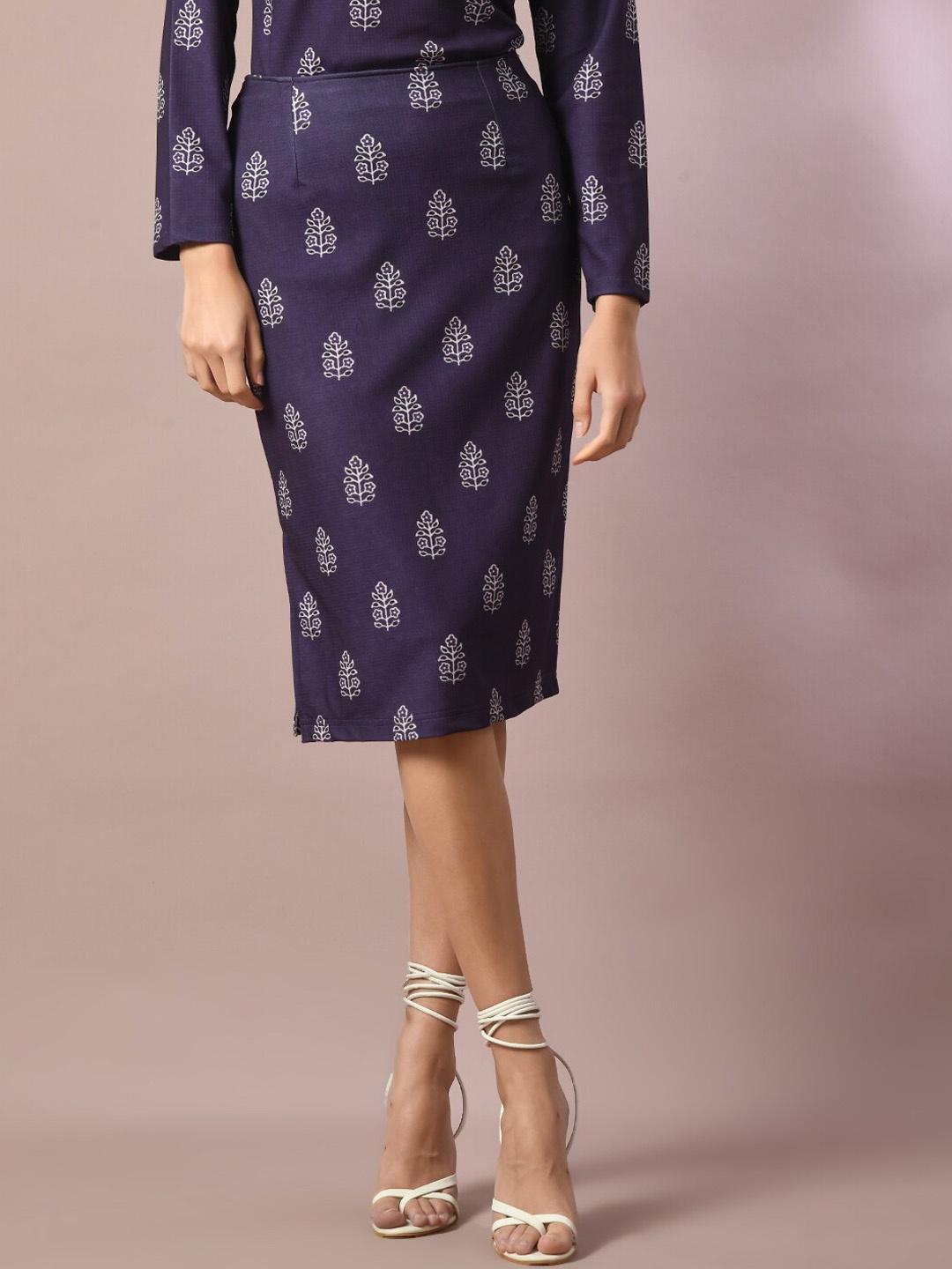

HERE&NOW Floral Printed Straight Midi Skirts, Navy blue