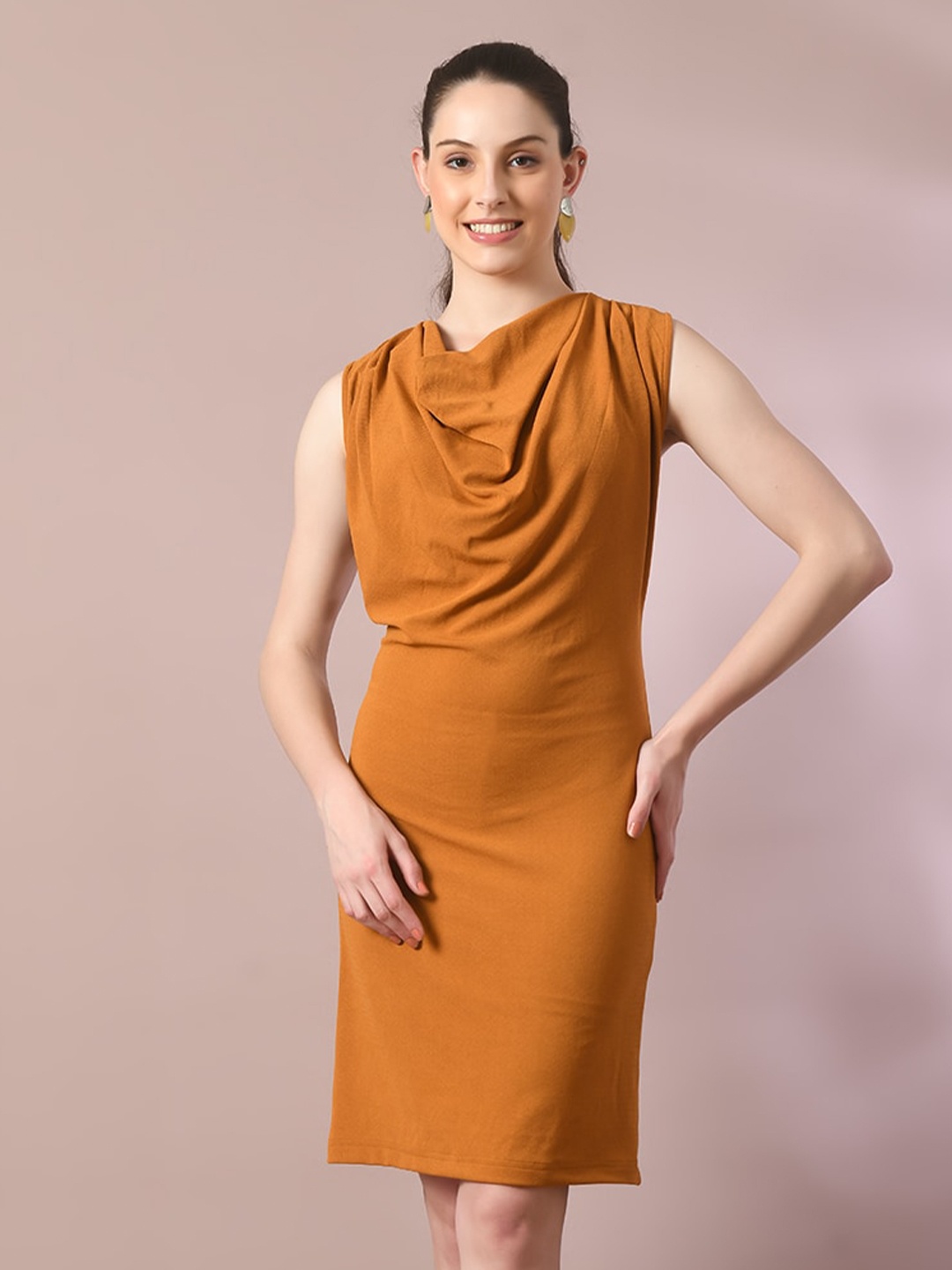 

HERE&NOW Valentino Mustard Yellow Cowl Neck Sleeveless Crepe Bodycon Dress