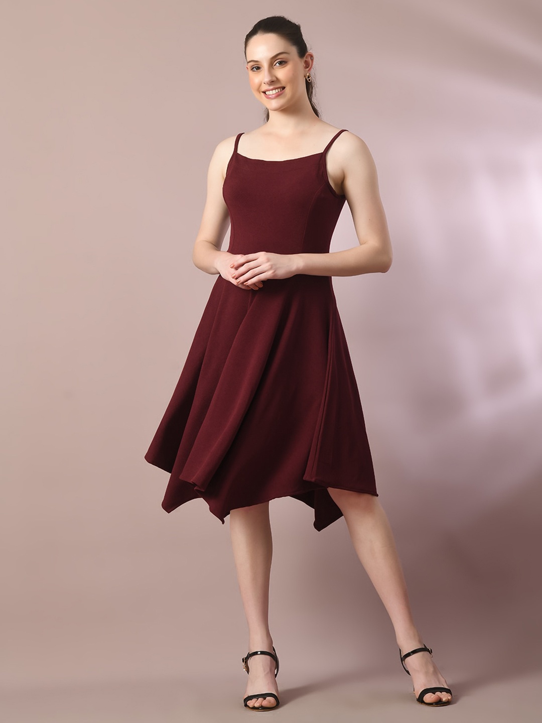 

HERE&NOW Valentino Maroon Shoulder Straps Sleeveless Fit & Flare Dress