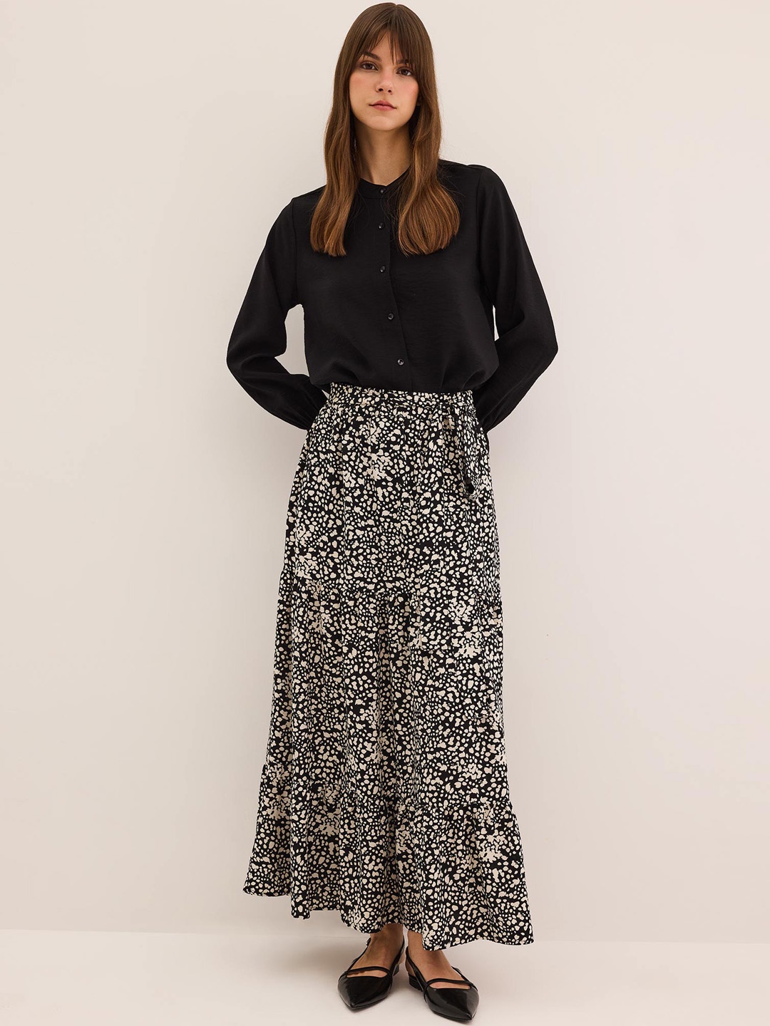 

DeFacto Printed Flared Maxi Skirts, Black