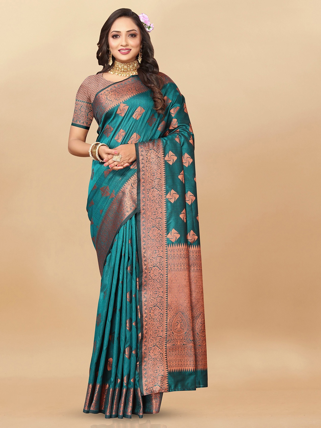 

bansari textiles Woven Design Zari Pure Silk Banarasi Saree, Lime green