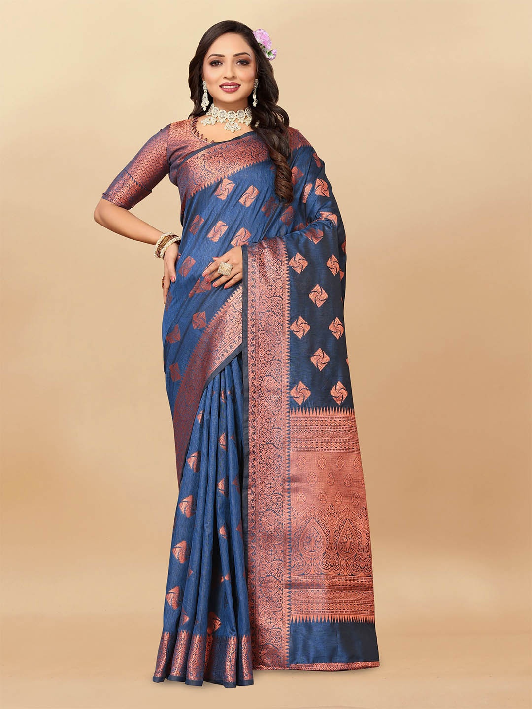 

bansari textiles Woven Design Zari Pure Silk Banarasi Saree, Blue