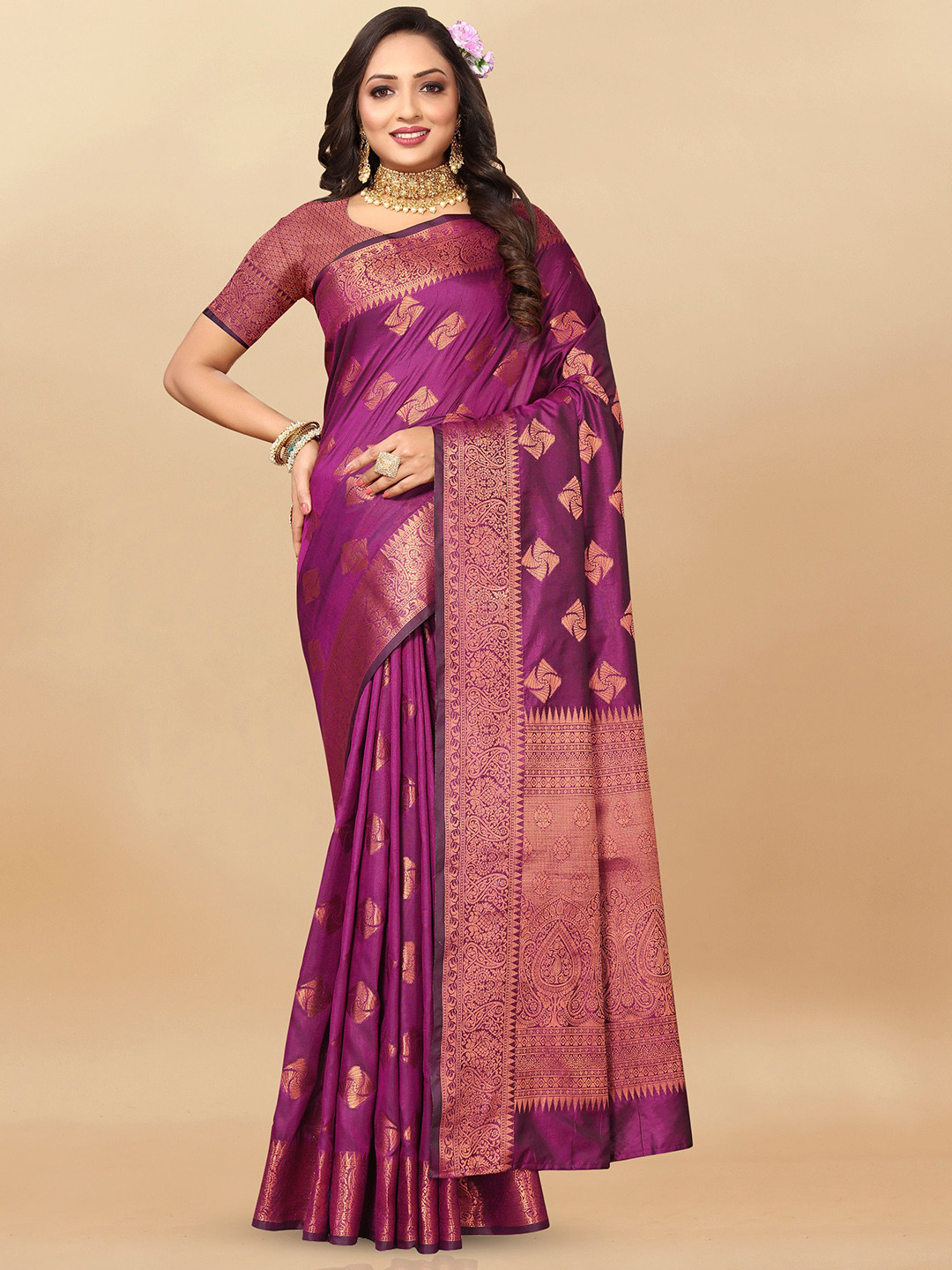 

bansari textiles Ethnic Motifs Zari Pure Silk Banarasi Saree, Purple