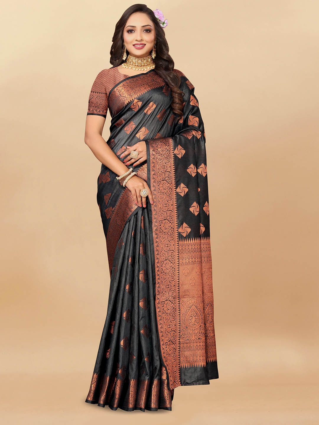 

bansari textiles Ethnic Motifs Zari Pure Silk Banarasi Saree, Black