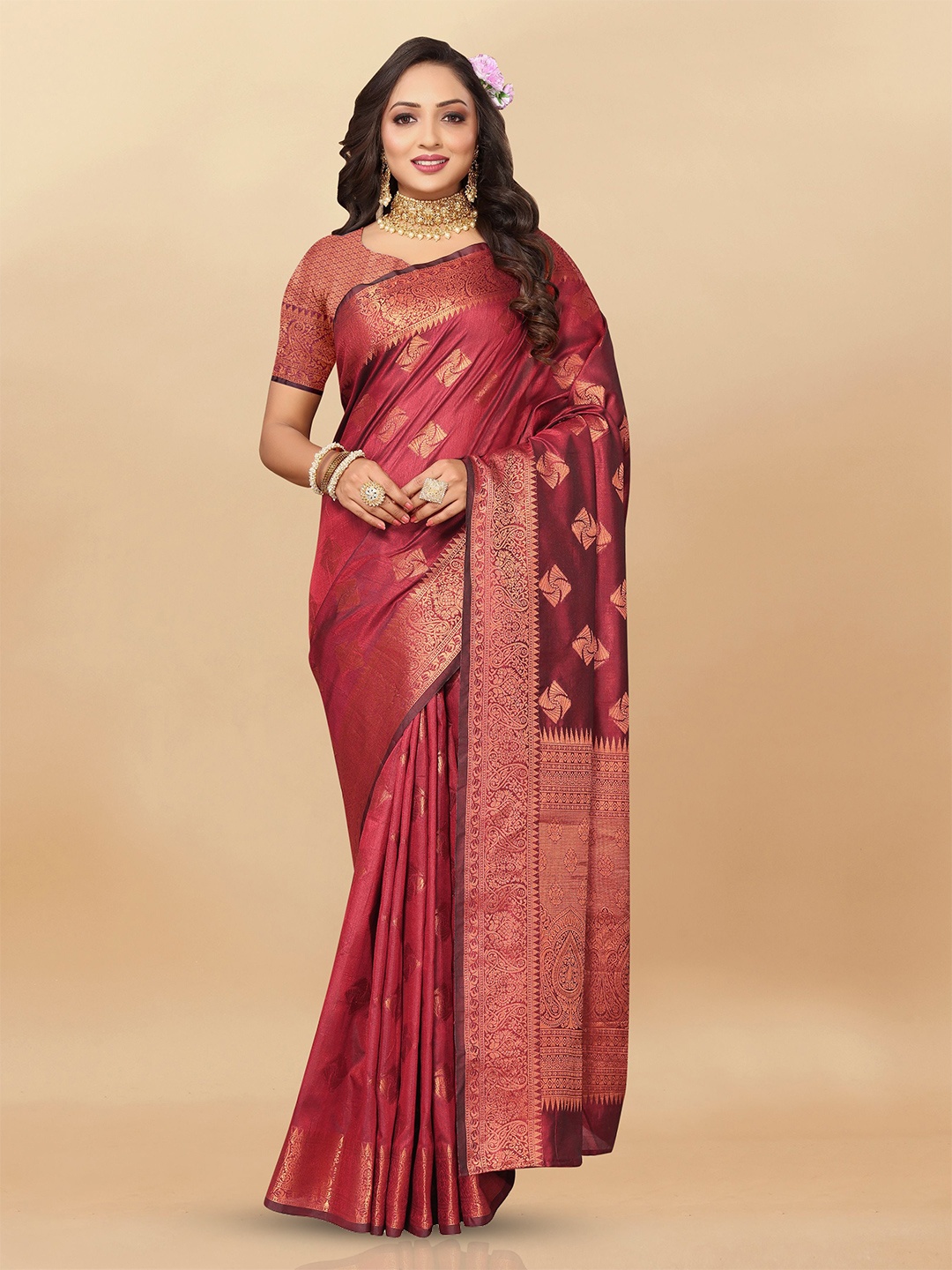 

bansari textiles Woven Design Zari Pure Silk Banarasi Saree, Maroon
