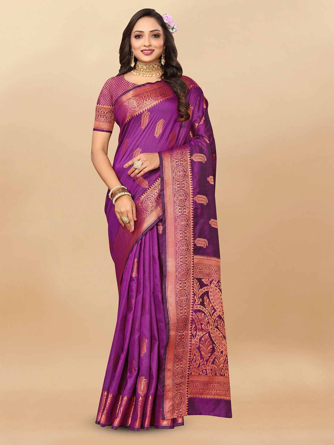 

bansari textiles Woven Design Zari Pure Silk Banarasi Saree, Purple