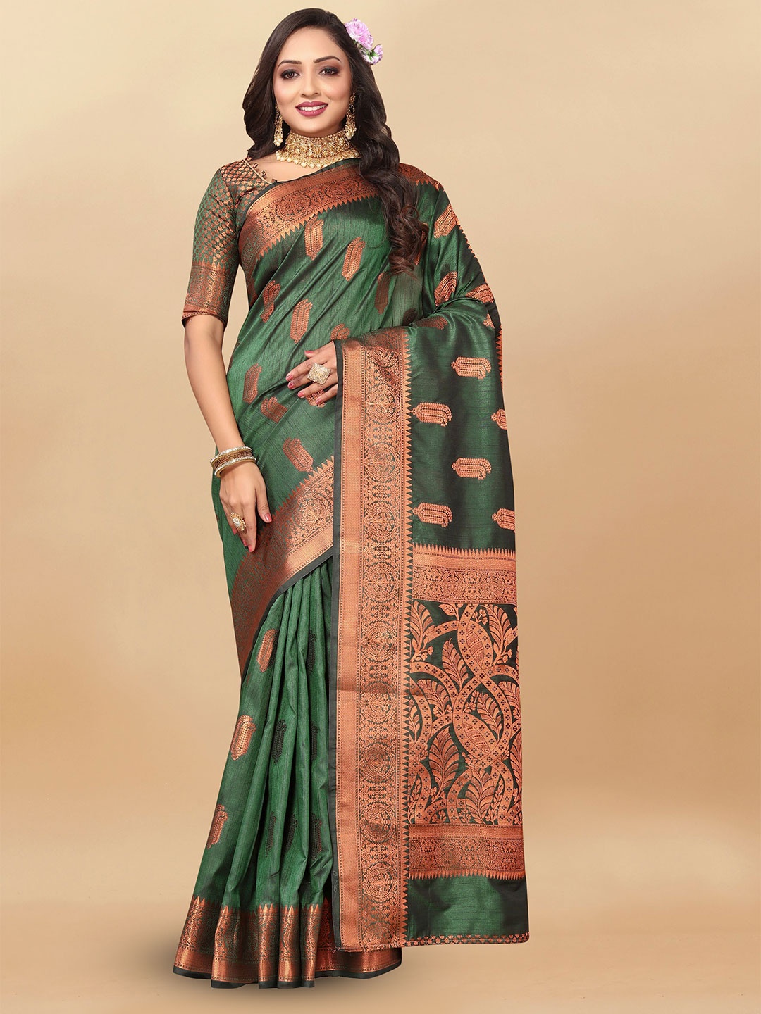 

bansari textiles Woven Design Zari Pure Silk Banarasi Saree, Green