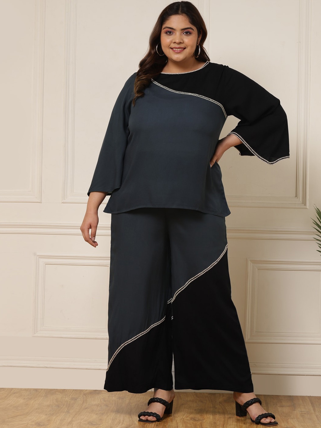 

DEEBACO Plus Size Boat Neck Top & Palazzo, Grey