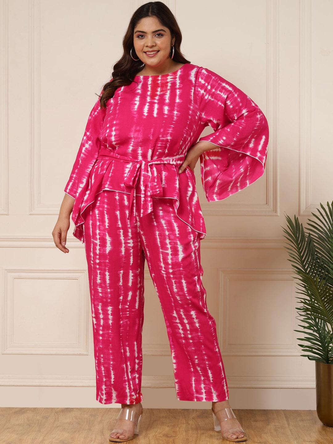 

DEEBACO Plus Size Tie & Dye Printed Top With Trouser, Magenta