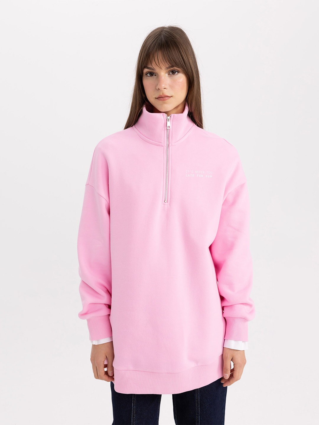 

DeFacto High Neck Drop Shoulder Sleeves Longline Sweatshirt, Pink
