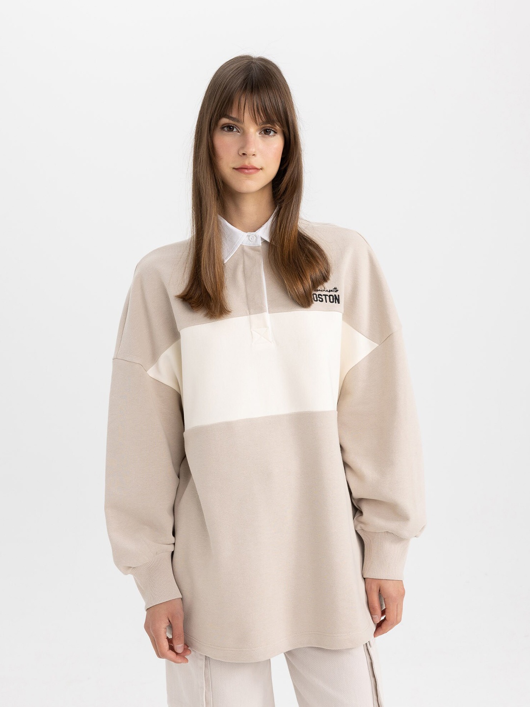 

DeFacto Colourblocked Shirt Collar Drop Shoulder Sleeves Longline Sweatshirt, Beige