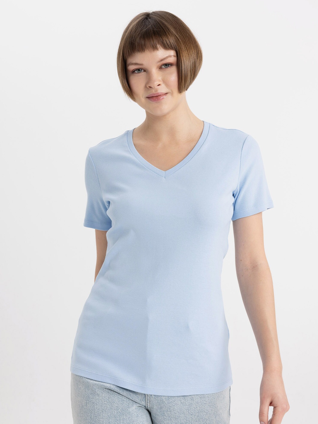 

DeFacto Short Sleeves V-Neck Pure Cotton T-shirt, Blue