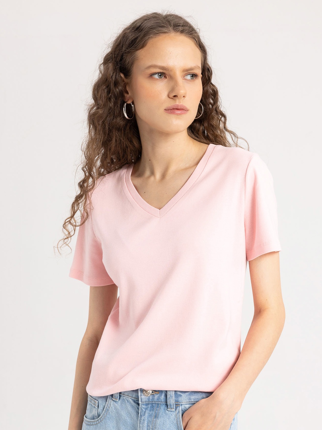 

DeFacto Women V-Neck Raw Edge T-shirt, Na