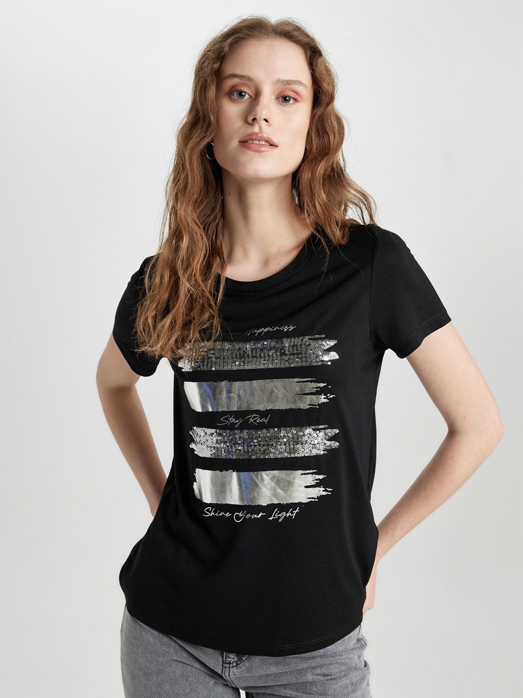 

DeFacto Women Typography Printed Extended Sleeves T-shirt, Na