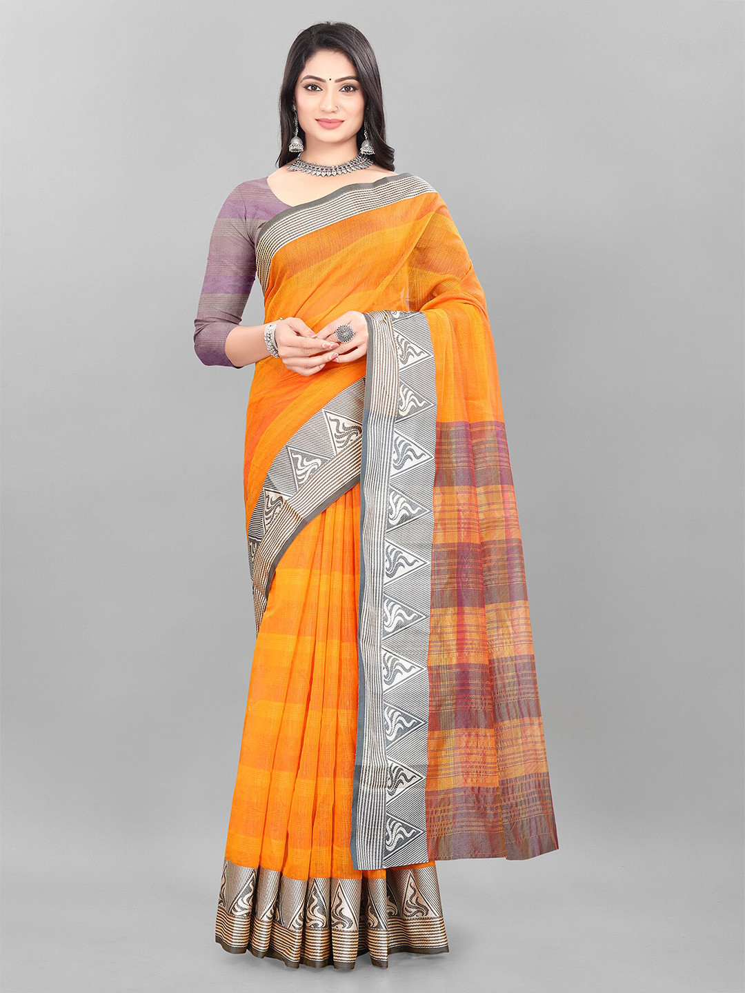 

MAGNEITTA Striped Woven Design Zari Saree, Mustard