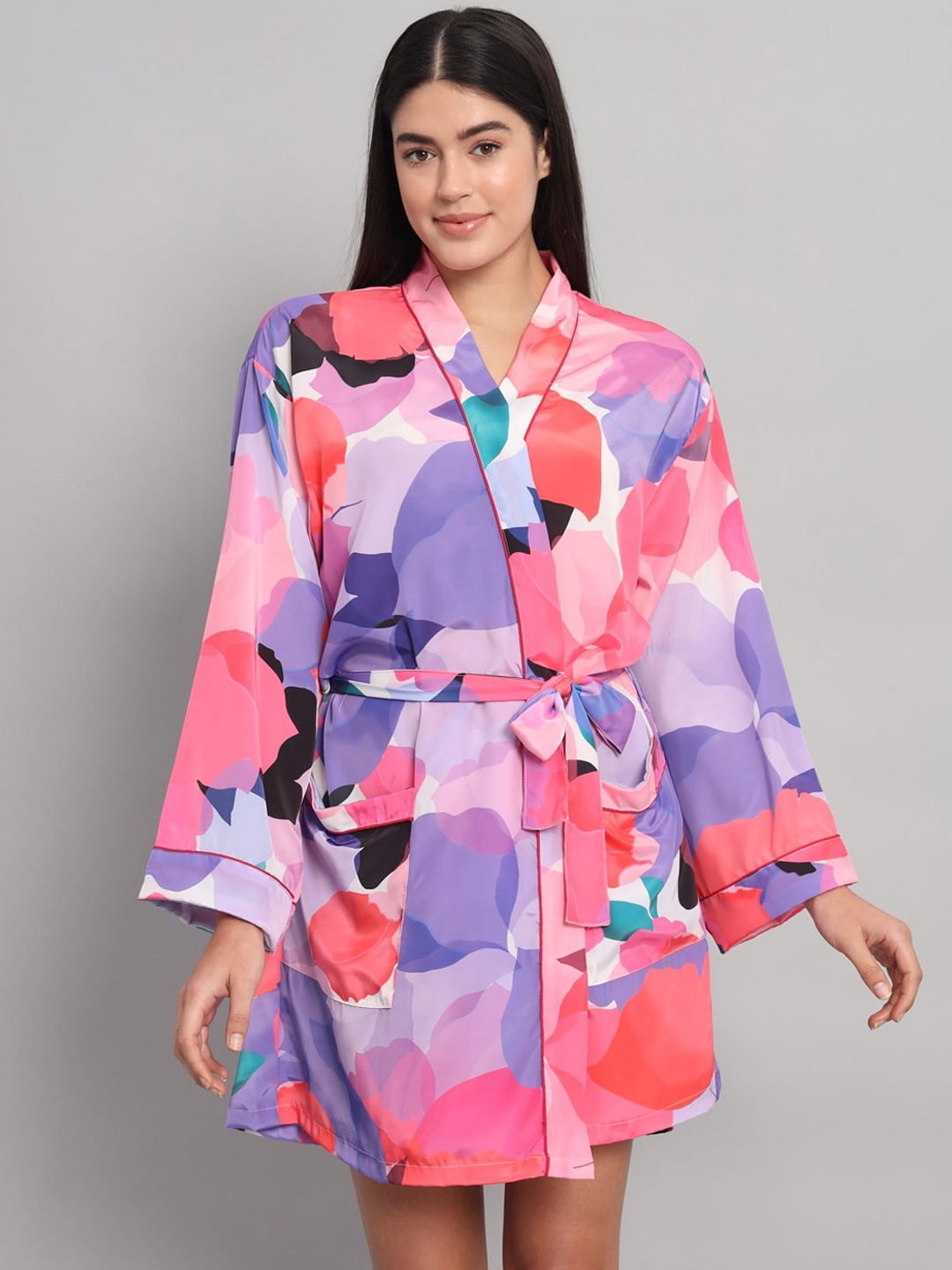 

HANDICRAFT PALACE Printed Satin Silk Bath Robe, Purple