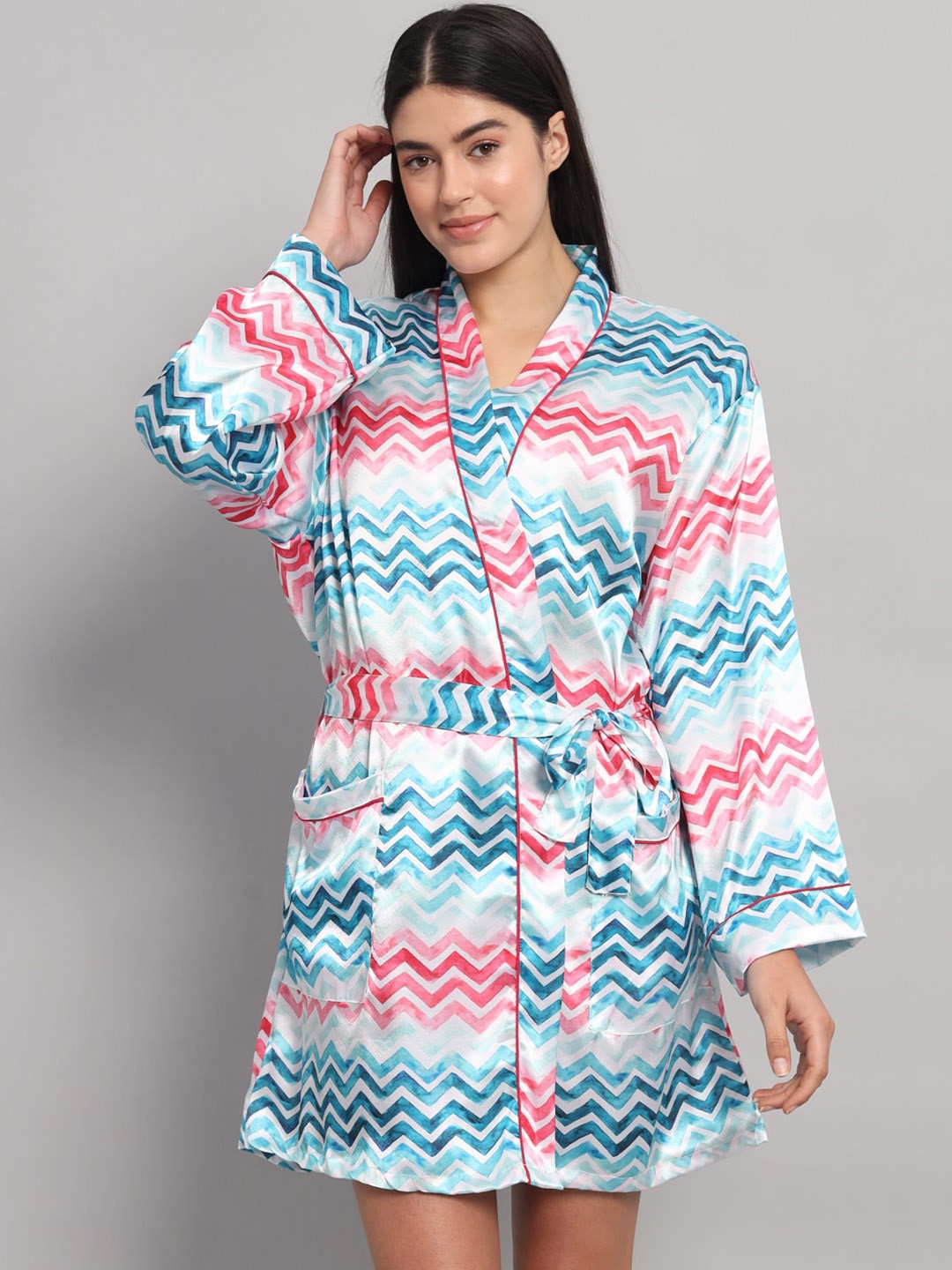 

HANDICRAFT PALACE Printed Satin Silk Bath Robe, Turquoise blue