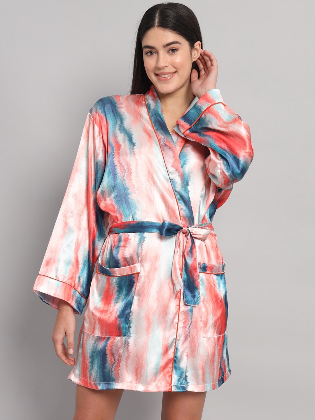 

HANDICRAFT PALACE Abstract Printed Satin Silk Robe With Belt, Blue