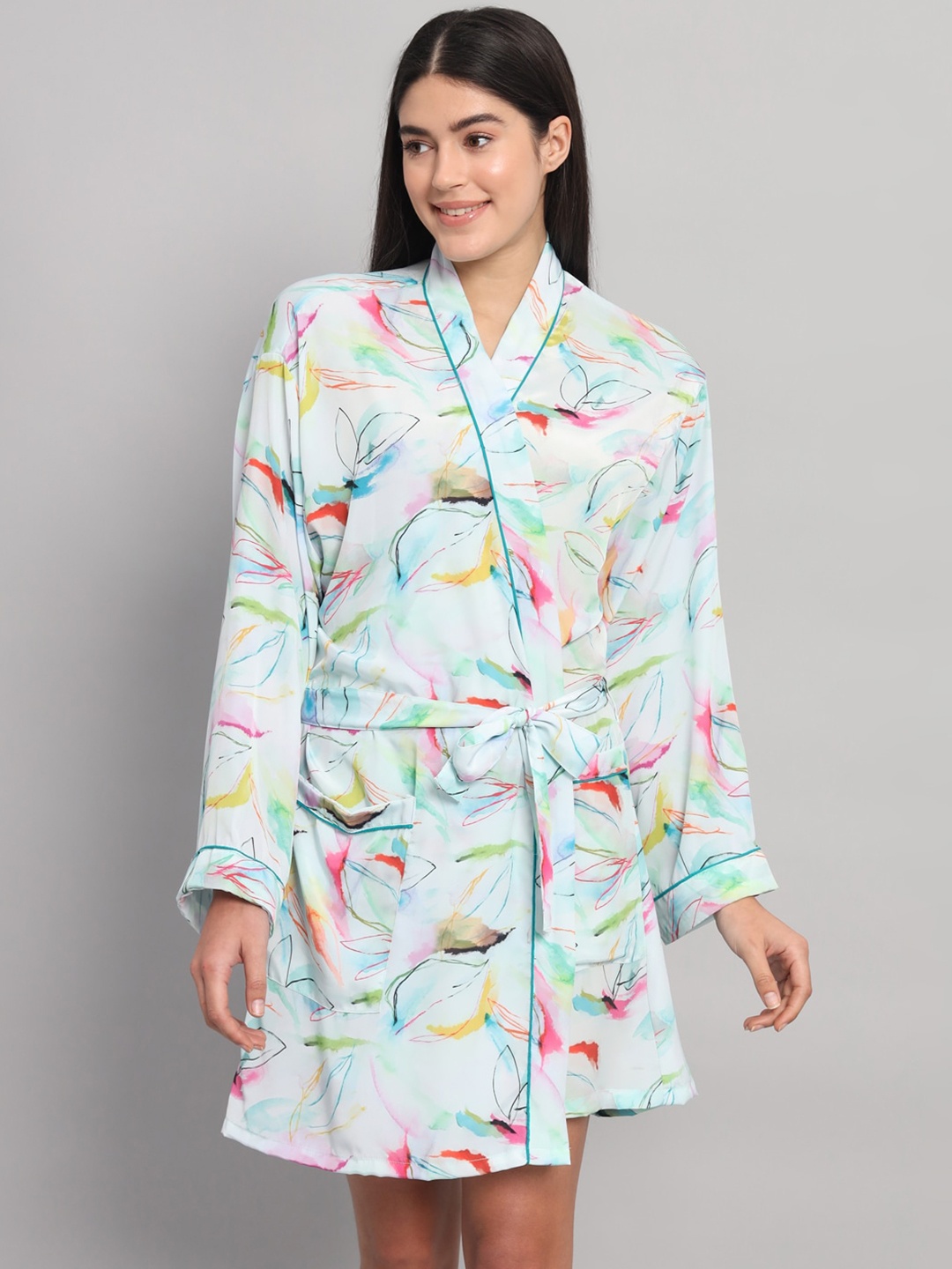 

HANDICRAFT PALACE Printed Satin Silk Bath Robe, Turquoise blue