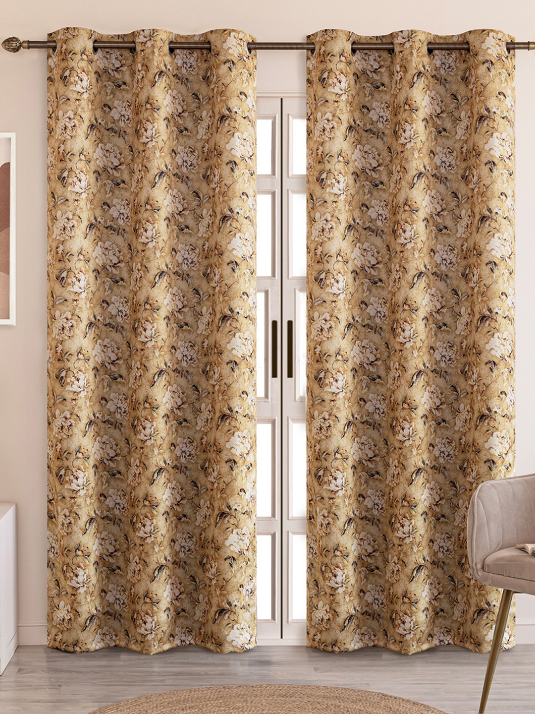 

HOMEMONDE Grey & Beige Set of 2 Floral Black Out Long Door Curtain