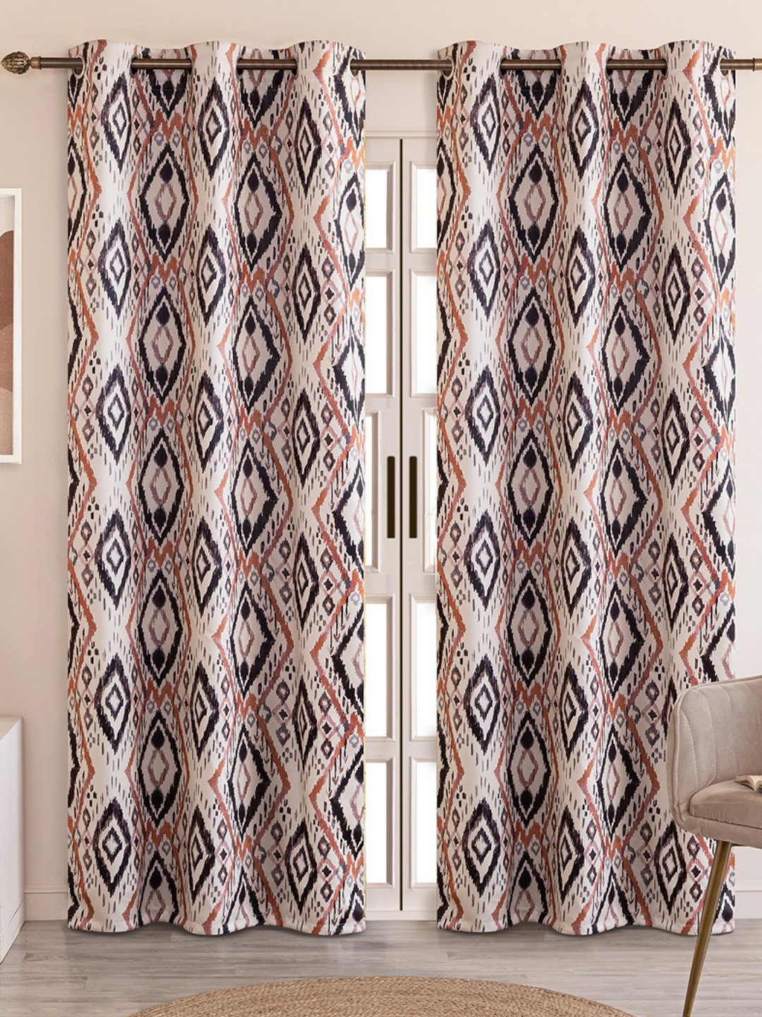 

HOMEMONDE Grey & Tan Set of 2 Geometric Black Out Long Door Curtain