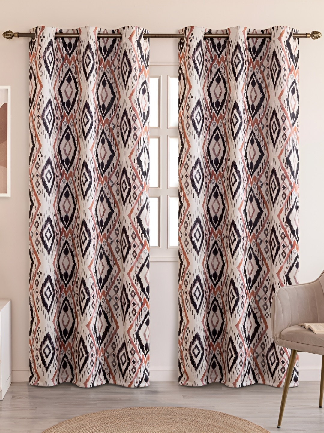 

HOMEMONDE Grey & White Set of 2 Black Out Window Curtain