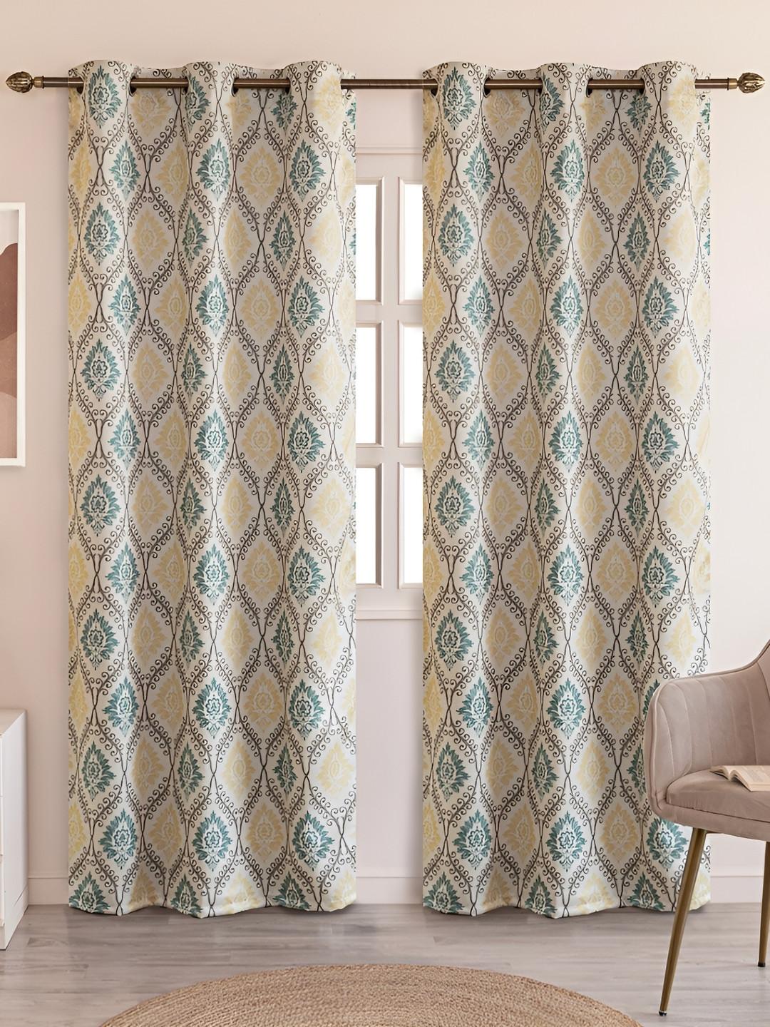 

HOMEMONDE Grey & Cream-Coloured Set of 2 Black Out Window Curtain