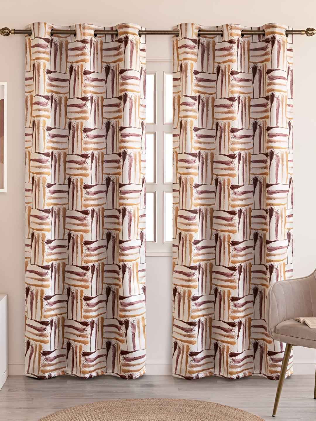 

HOMEMONDE White & Yellow Set of 2 Striped Black Out Window Curtain